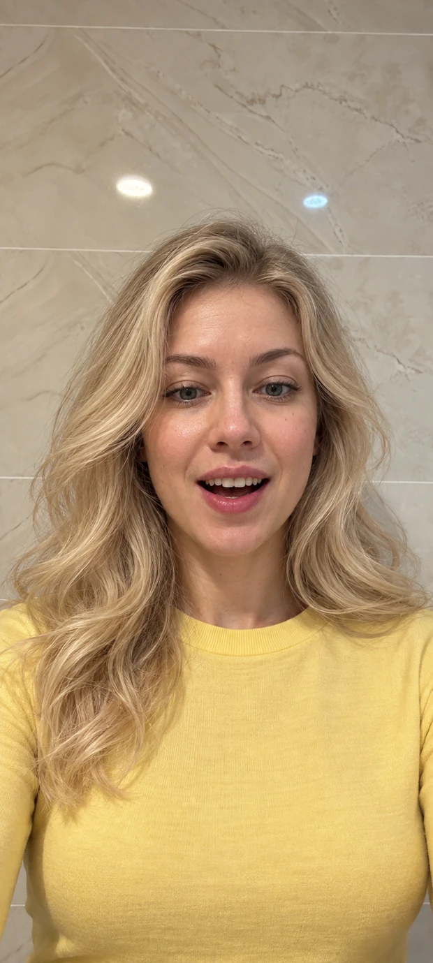 Woman in a yellow top speaking in an iPhone mockup, with her gaze directed downward