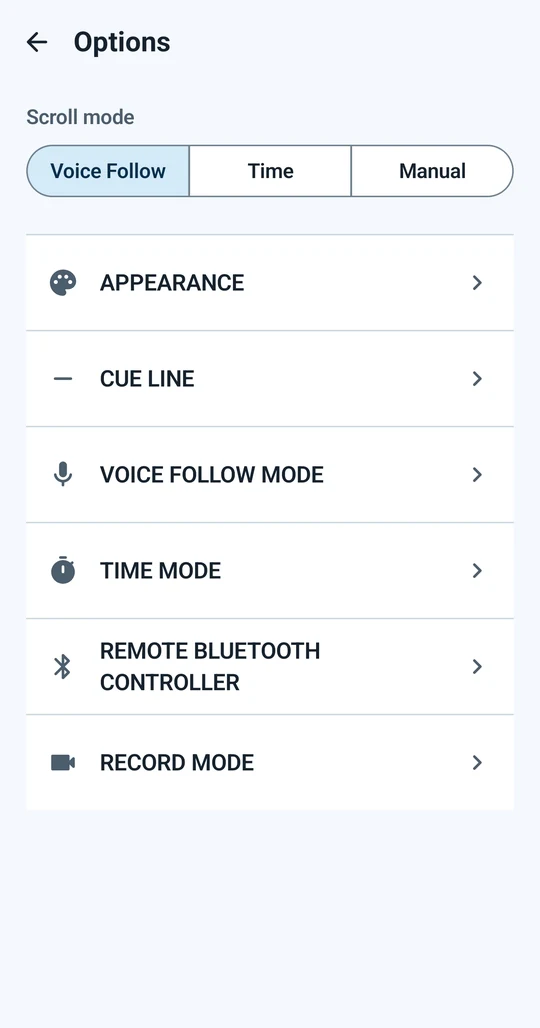 Options screen showing Voice Follow, Time and Manual modes plus appearance, cue line, remote and recording settings.