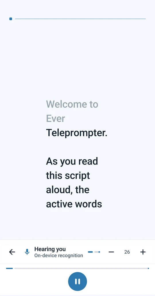 Live Voice Follow view with spoken words muted and on-device recognition active.