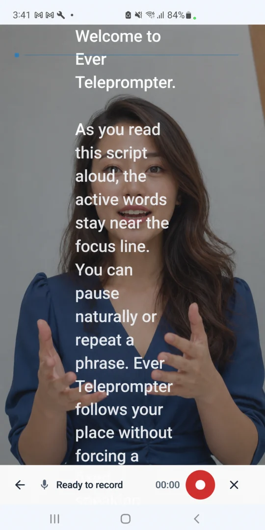 Ever Teleprompter displaying a script over a front-camera preview, ready to record.